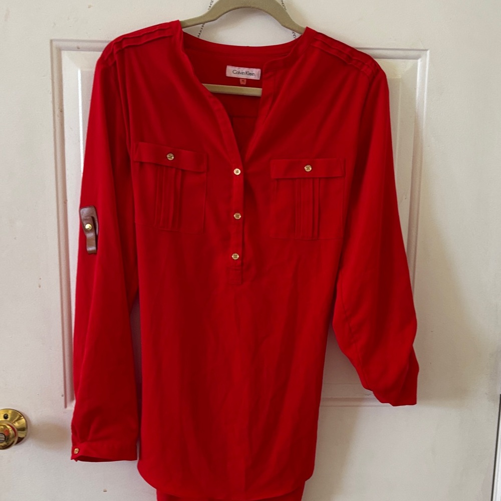 Calvin Klein Vibrant Red Tunic Blouse with Button Placket